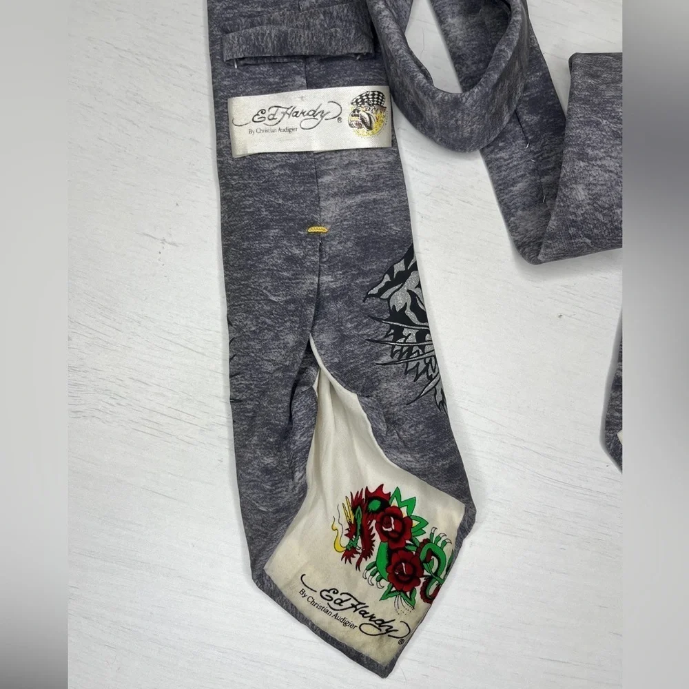 Ed Hardy Gray Tiger Silk Tie Y2K